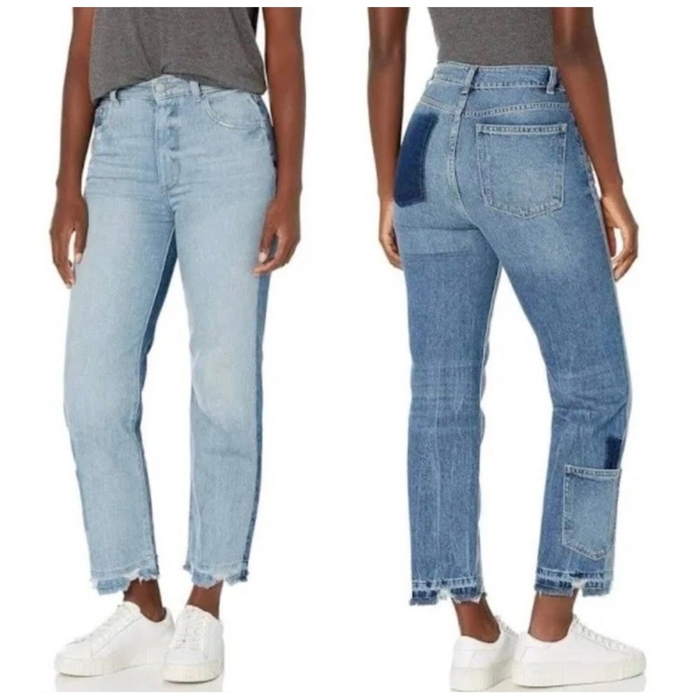DL1961 Patchwork High Rise Straight Leg Distressed Raw Hem Blue Jeans Multi Tone